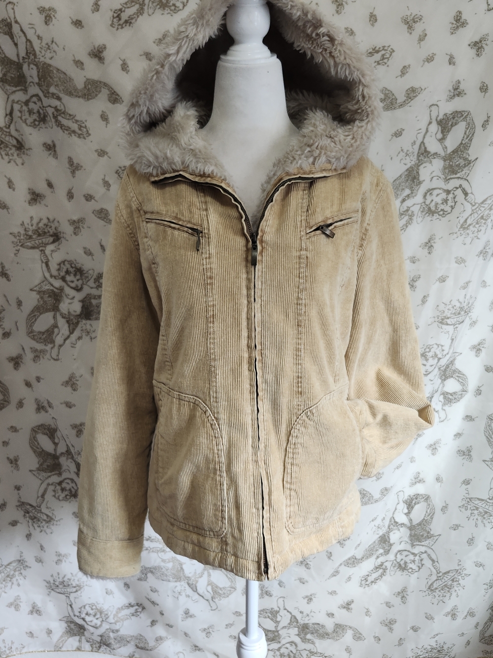 Vintage 90s Y2k Faux-Fur Lined Corduroy Penny Lane Style Jacket - Cream M